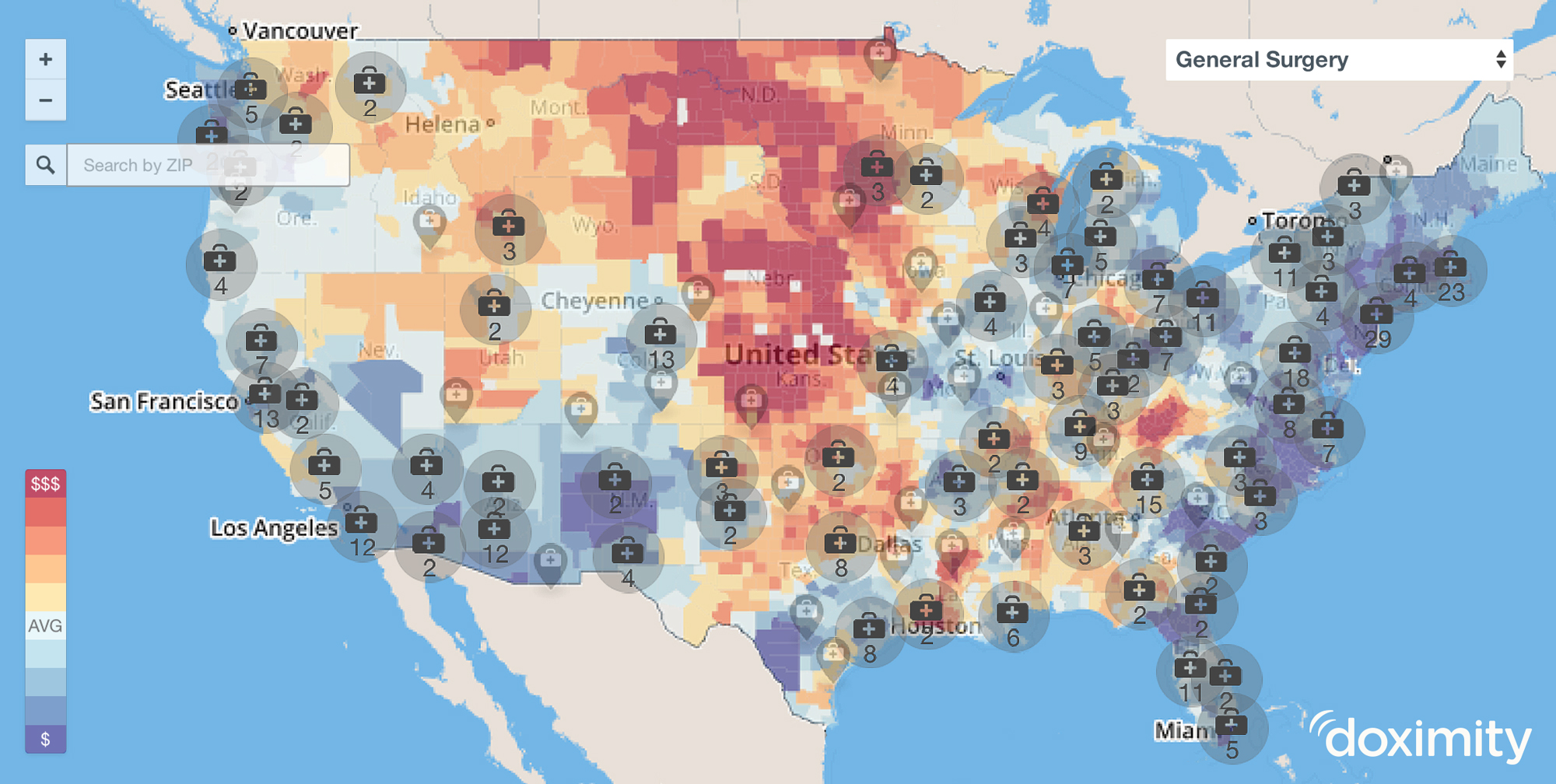 map of general surgery salaries for doctors